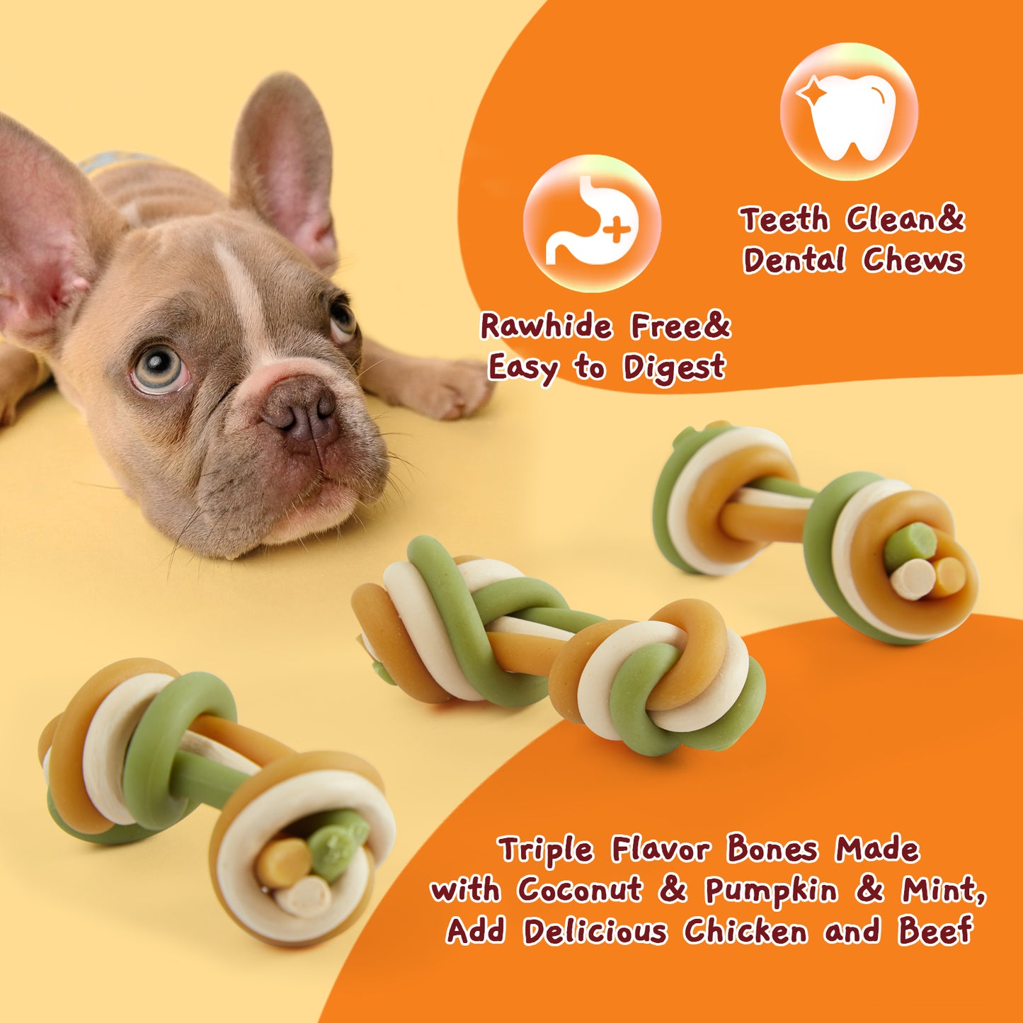 Rawhide Free Triple Flavor Dental Chews for Dogs, Teeth Clean Dog Bones 10.6 oz