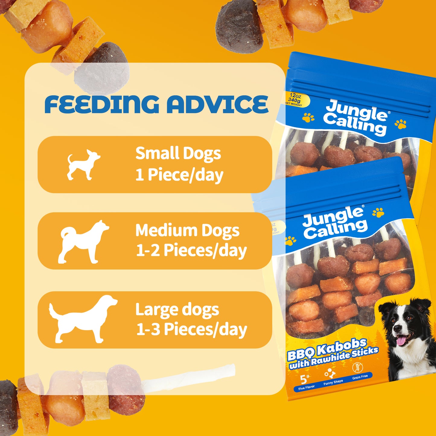 Jungle Calling Dog Treats, Snacks BBQ Kabobs, Chicken,Duck, Beef, Sweet Potato & Pumpkin,Rawhide Sticks 12 oz