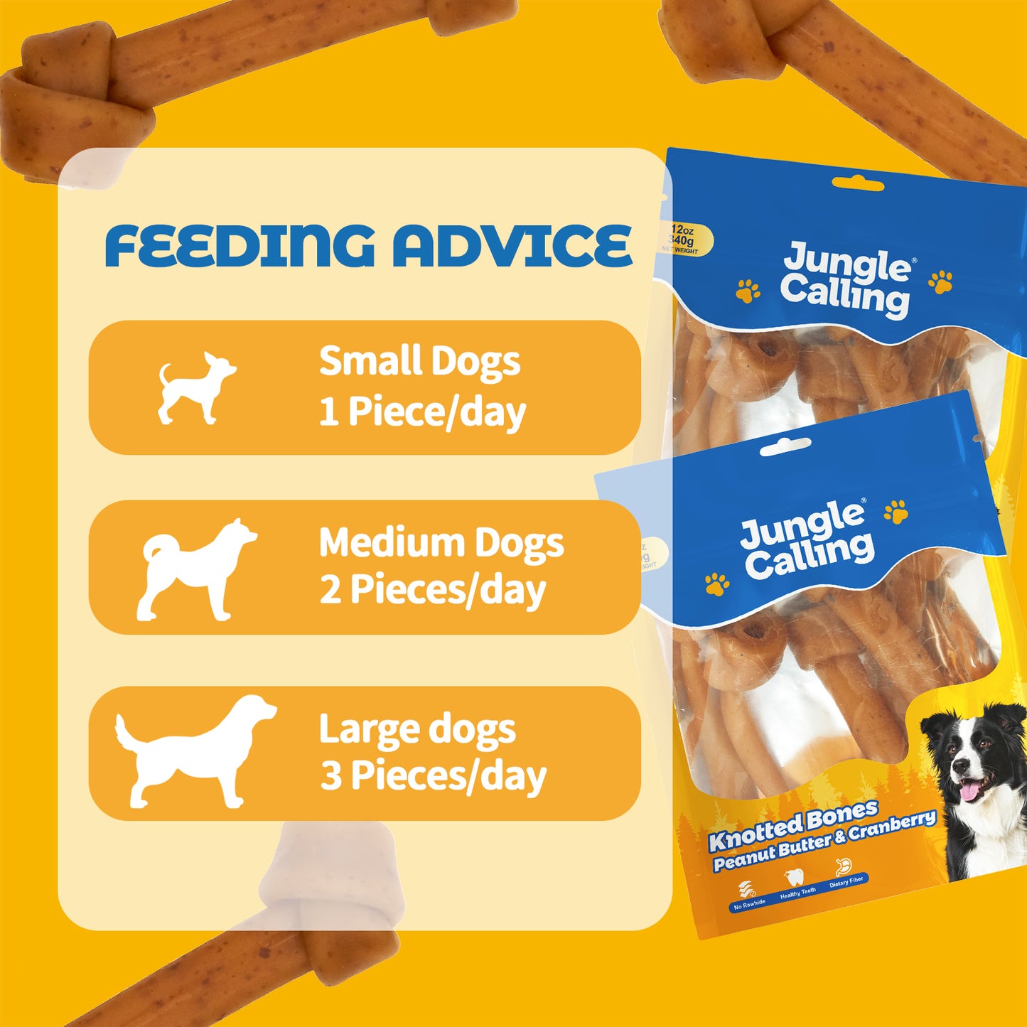 Jungle Calling Dog Treats Knotted Bones 6.5'' Peanut Butter and Cranberry for Dental Health, 5 Count