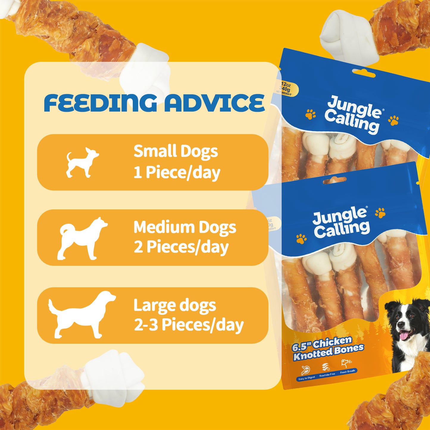 Jungle Calling Chicken Knotted Bones for Dogs Rawhide Free Chicken Wrapped Chew Dog Bones Training Treats, 12 oz