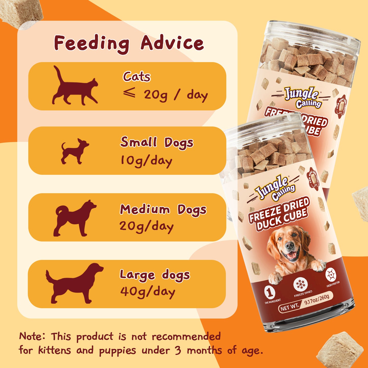 Freeze Dried Duck Cube, Single Ingredient Treats for Cats Dogs, High Protein Food Topper