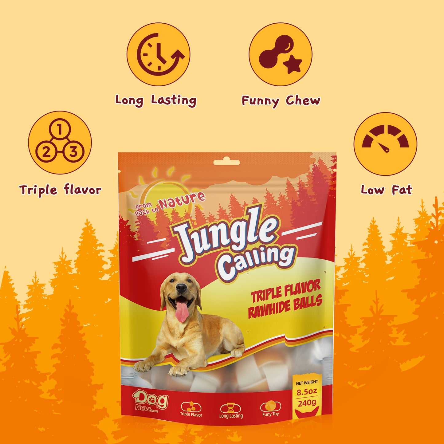 Chewing Snacks Rawhide Treats for Medium and Large Dogs, Triple Flavor Rawhide Balls, Dog Rawhide Chews Long Lasting, Chicken & Duck Flavor, 8 Count