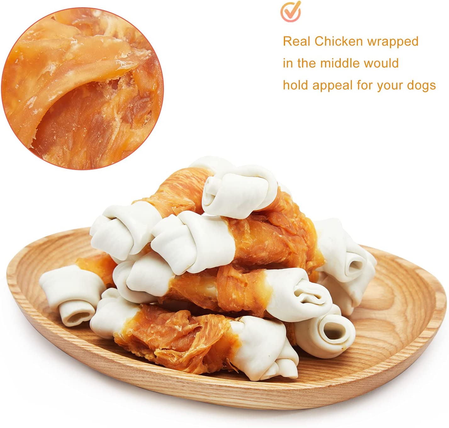 Rawhide Free Dog Bones, 6.5" Real Chicken Wrapped Dog Chew Bones for Medium and Large Dogs Training Treats