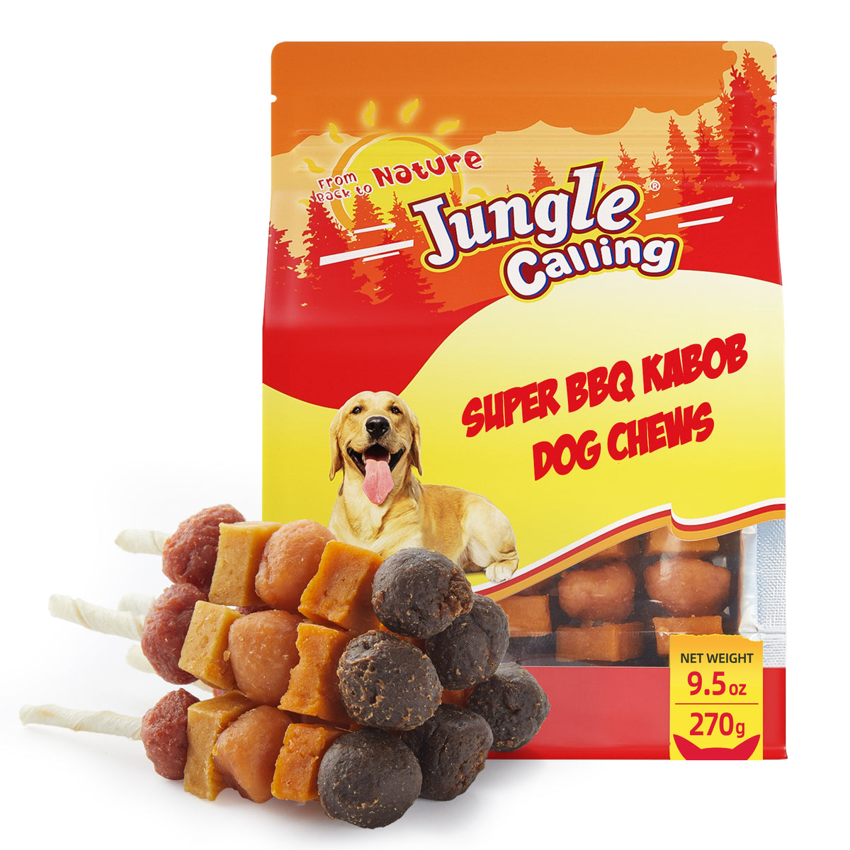 Jungle Calling Dog Treats, Snacks Kabobs, Chicken,Duck, Beef, Sweet Potato & Pumpkin,Rawhide Sticks 9.5 oz