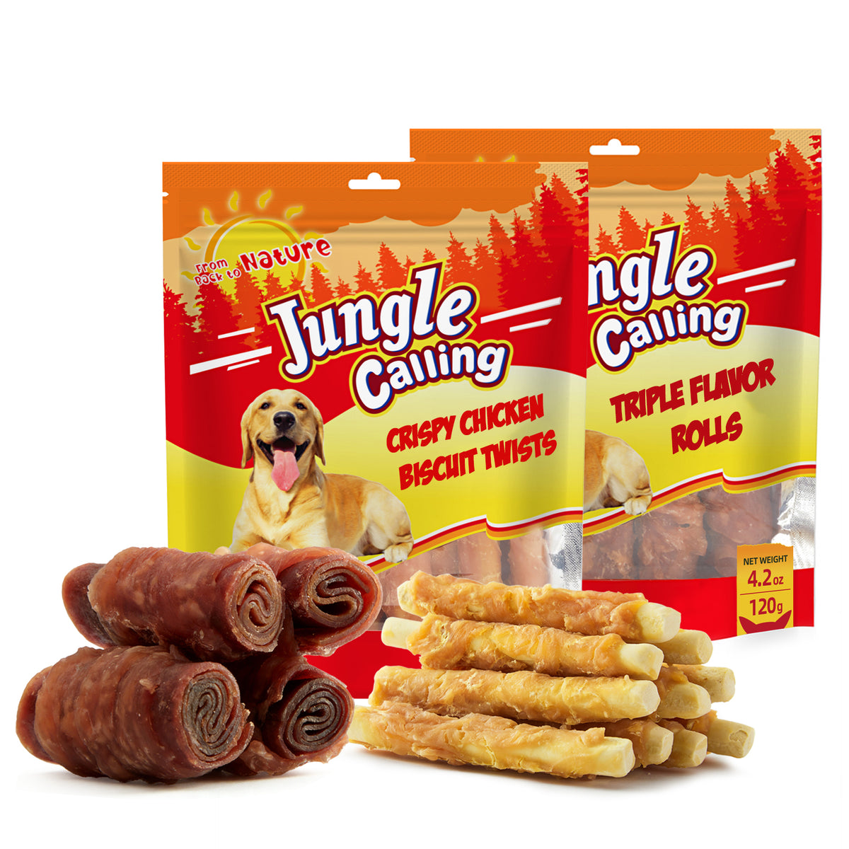 Jungle Calling Dog Treats Variety Pack | Triple Flavor Rolls (4.2 oz) + Chicken Wrapped Biscuits (5 oz) | Training Rewards