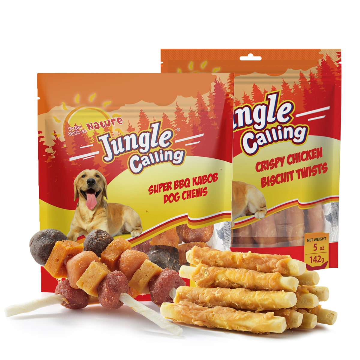 Jungle Calling Dog Treats Variety Pack | Multi-Flavor Meat Kabobs (4.2 oz) + Chicken Wrapped Biscuits (5 oz) | Training Rewards