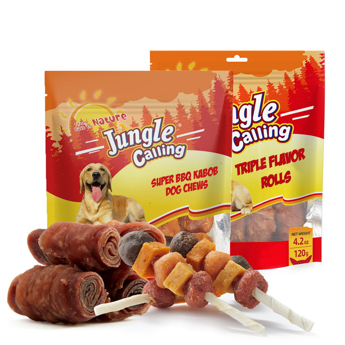 Jungle Calling Dog Treats Variety Pack | Multi-Flavor Meat Kabobs (4.2 oz) + Triple Flavor Rolls (4.2 oz) | High Protein, Training Rewards
