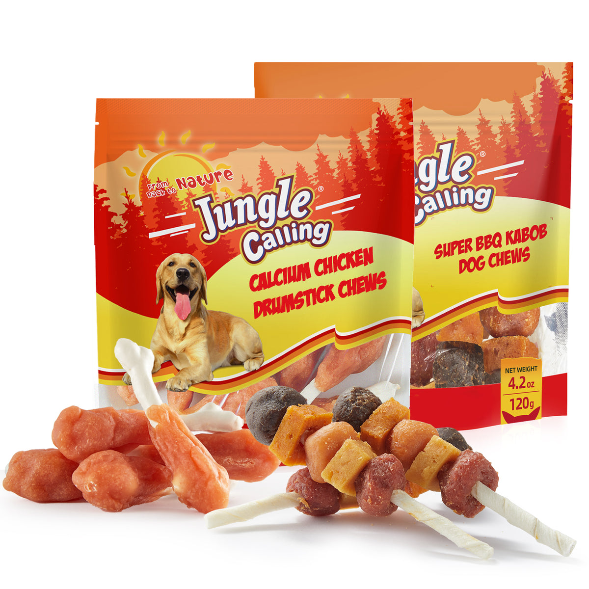 Jungle Calling Dog Treats Variety Pack | Multi-Flavor Meat Kabobs (4.2 oz) + Rawhide-Free Chicken Bones (5 oz) | Teeth Cleaning, Training Rewards