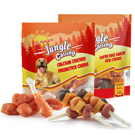 Jungle Calling Dog Treats Variety Pack | Multi-Flavor Meat Kabobs (4.2 oz) + Rawhide-Free Chicken Bones (5 oz) | Teeth Cleaning, Training Rewards
