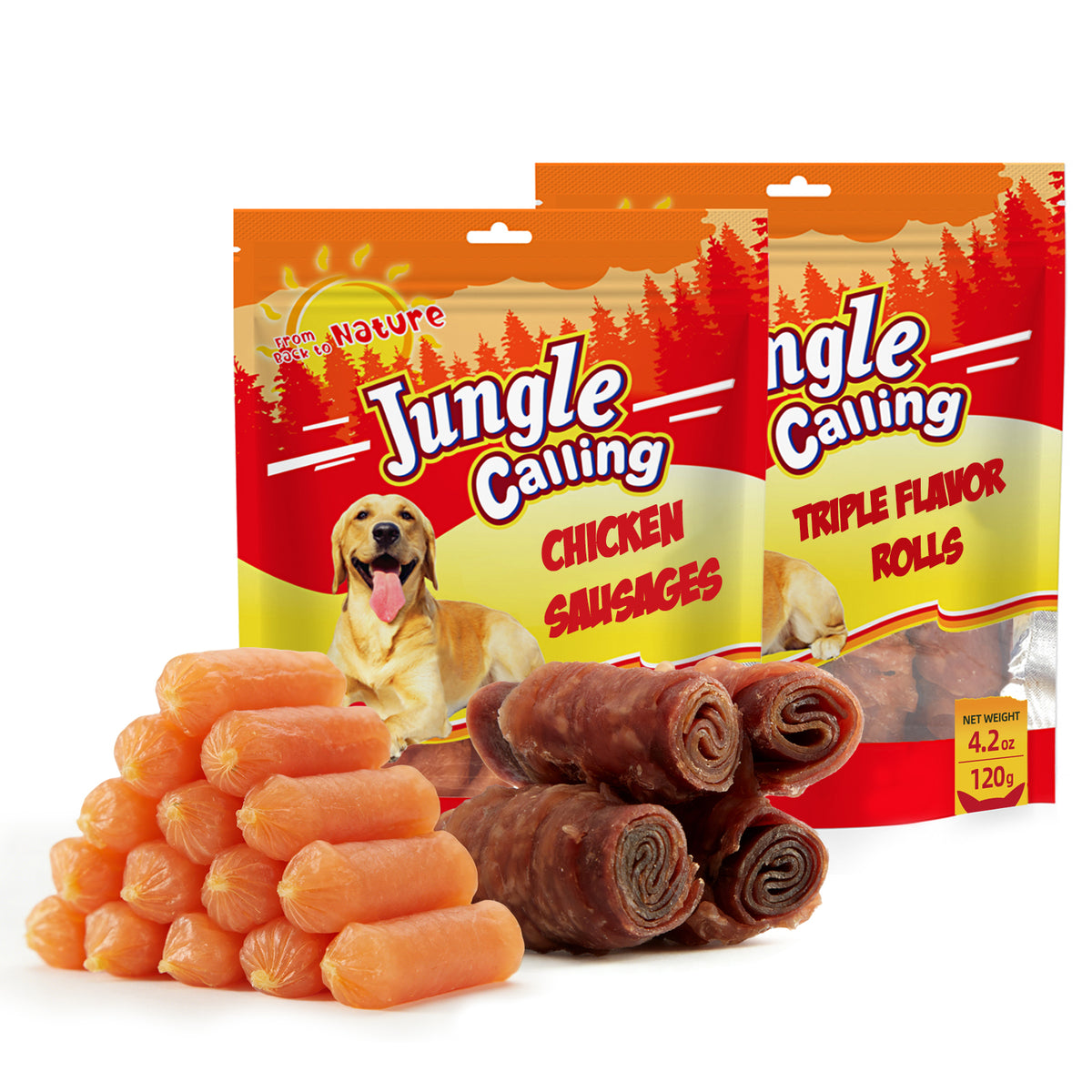 Jungle Calling Dog Treats Variety Pack | Soft Chicken Sausage (5 oz) + Triple Flavor Rolls (4.2 oz) | Slow Roasted, Training Rewards