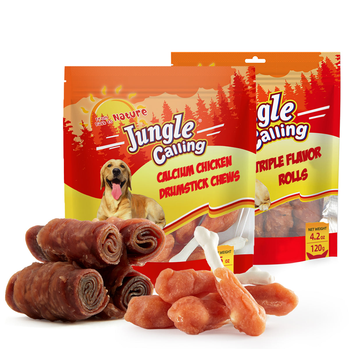 Jungle Calling Dog Treats Variety Pack | Rawhide-Free Chicken Bones (5 oz) + Triple Flavor Rolls (4.2 oz) | Teeth Cleaning, Training Rewards