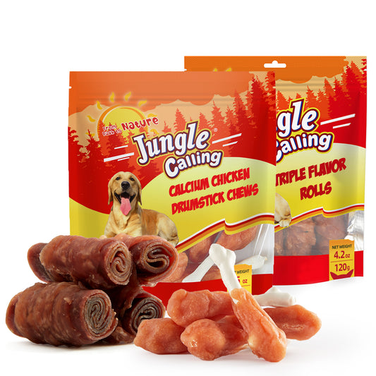 Jungle Calling Dog Treats Variety Pack | Rawhide-Free Chicken Bones (5 oz) + Triple Flavor Rolls (4.2 oz) | Teeth Cleaning, Training Rewards