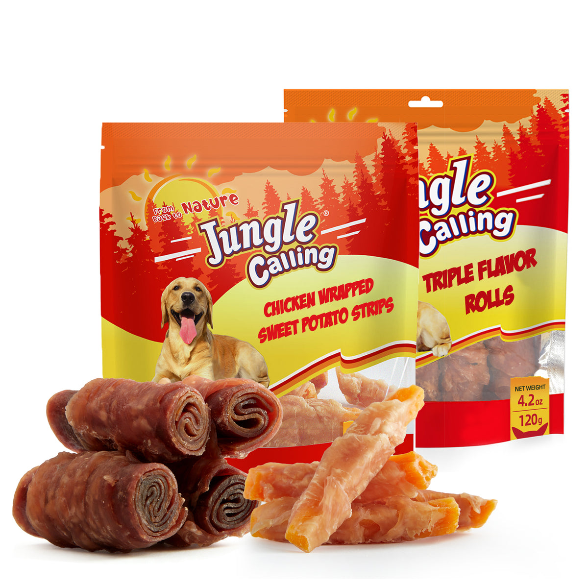 Jungle Calling Dog Treats Variety Pack | Chicken Wrapped Sweet Potato Twists (5 oz) + Triple Flavor Rolls (4.2 oz) | Grain Free, Training Rewards