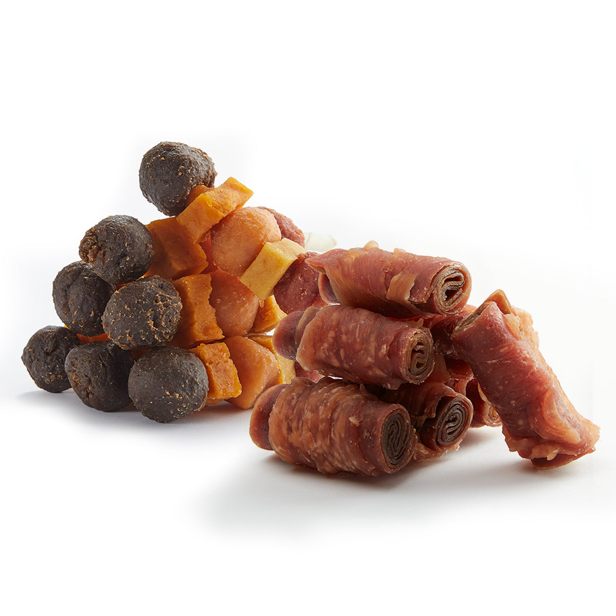 Dog treats variety pack with meat rolls and kabobs