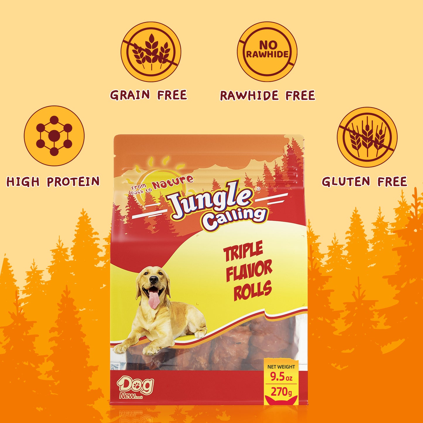 Jungle Calling Triple Flavor Rolls Dog Treats,Real Chicken Duck Beef Meat, Rawhide Free Dog Snacks, 9.5 OZ
