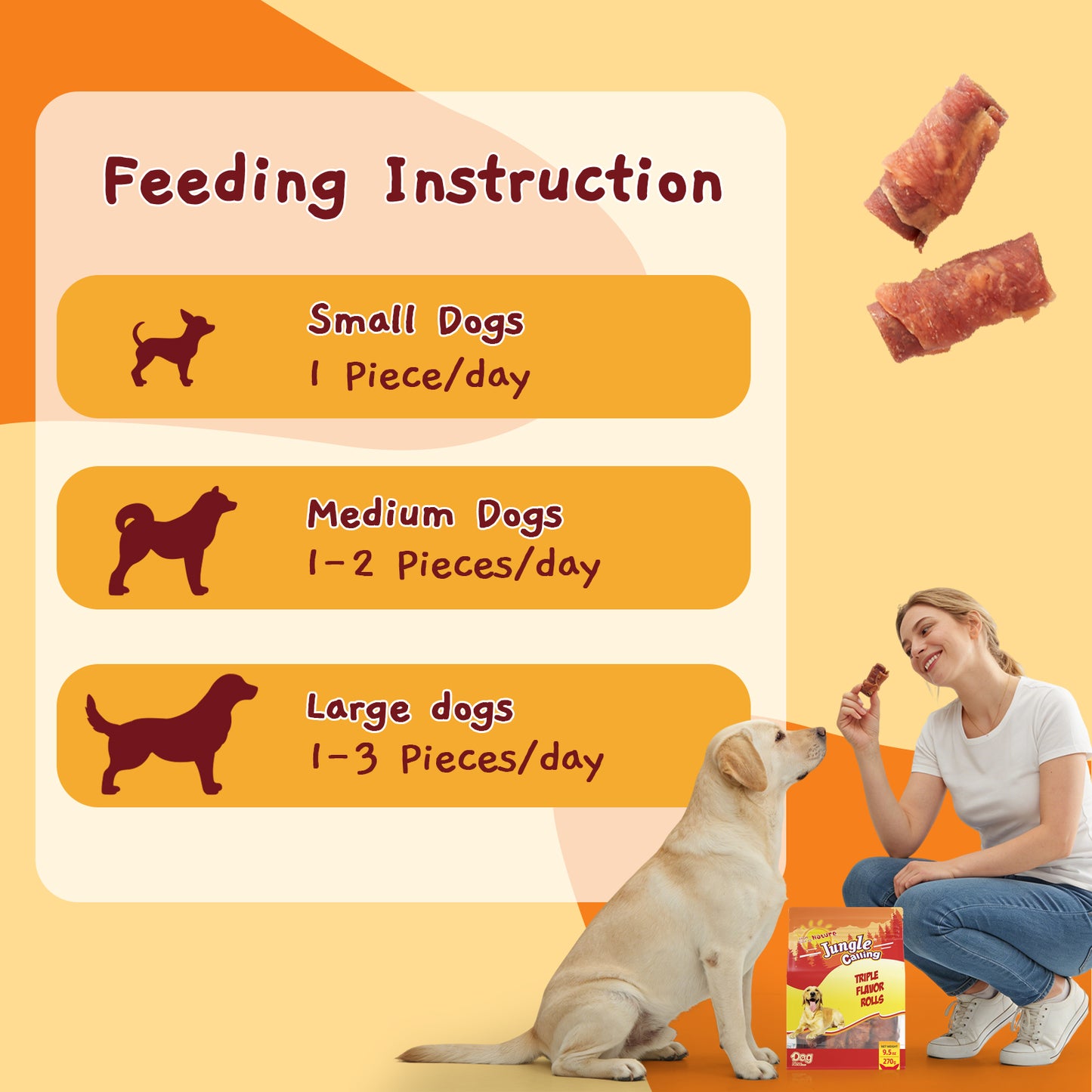 Jungle Calling Triple Flavor Rolls Dog Treats,Real Chicken Duck Beef Meat, Rawhide Free Dog Snacks, 9.5 OZ