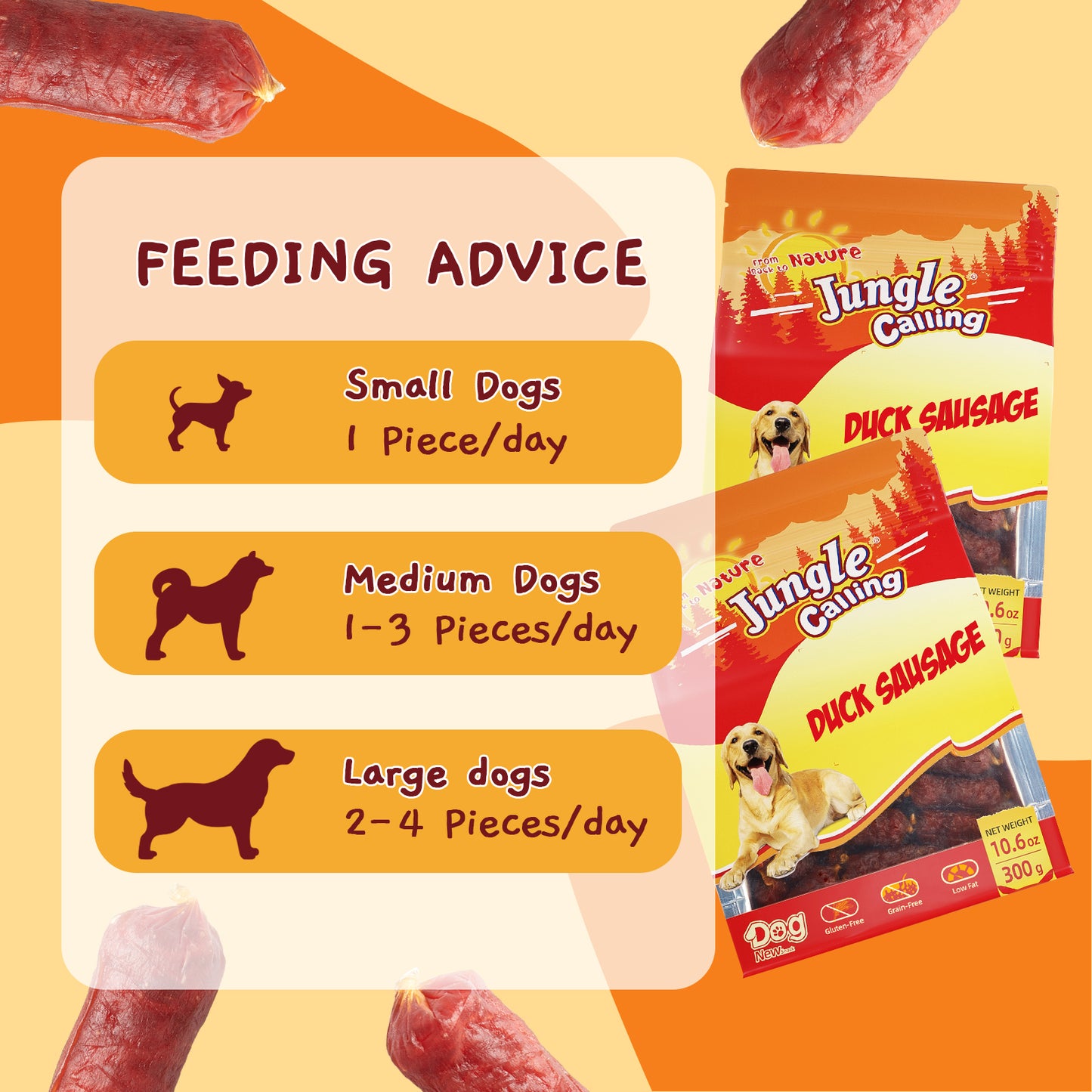 Duck Jerky Training Treats, Grain-Free Slow Roasted Snacks for Small and Medium Dogs, 10.6 oz (Duck Sausage)