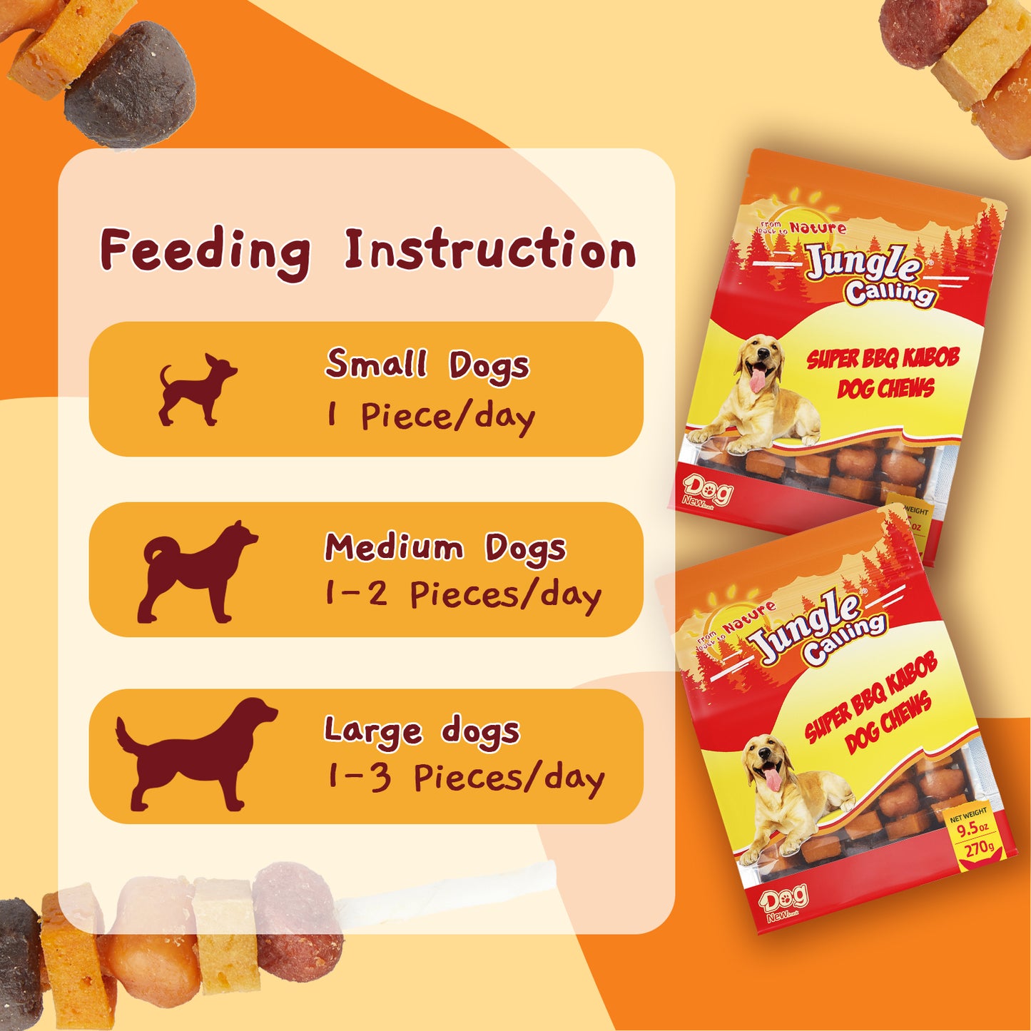 Jungle Calling Dog Treats, Snacks Kabobs, Chicken,Duck, Beef, Sweet Potato & Pumpkin,Rawhide Sticks 9.5 oz