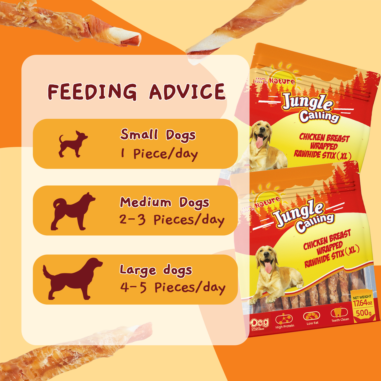 Jungle Calling High-Protein Chicken-Wrapped Rawhide Sticks Dog Training Chews, 17.64-oz bag