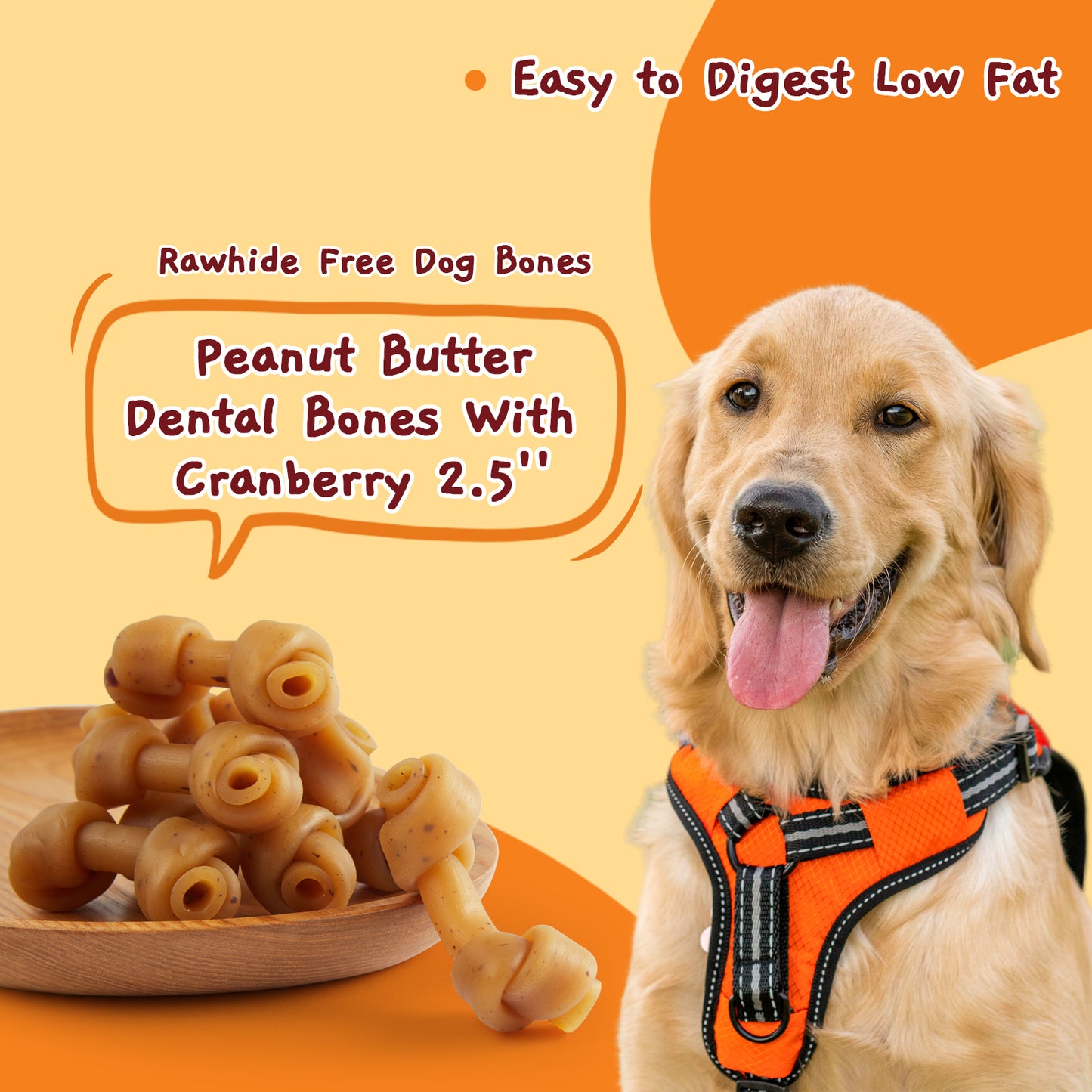 Peanut Butter Dental Chews for Dogs, Rawhide Free Dog Bones 2.5''