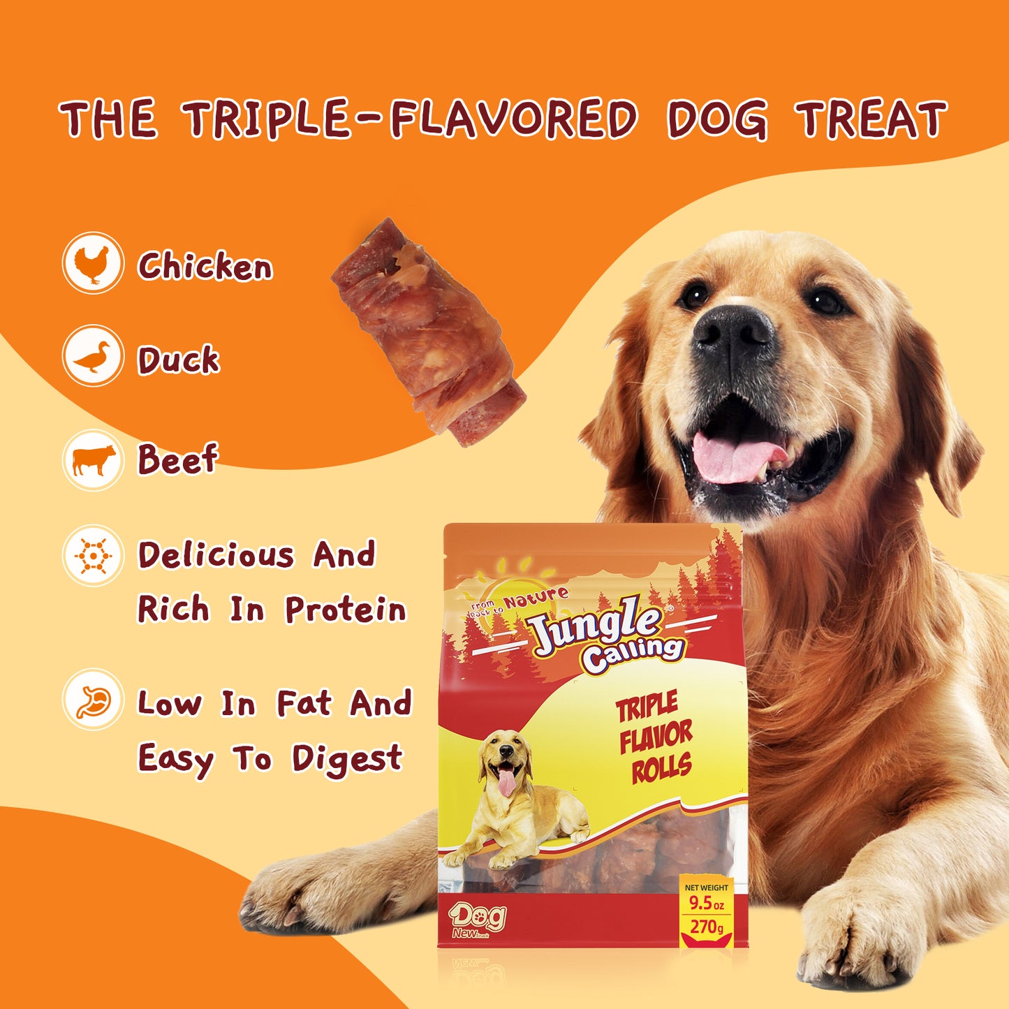 Jungle Calling Triple Flavor Rolls Dog Treats,Real Chicken Duck Beef Meat, Rawhide Free Dog Snacks, 9.5 OZ
