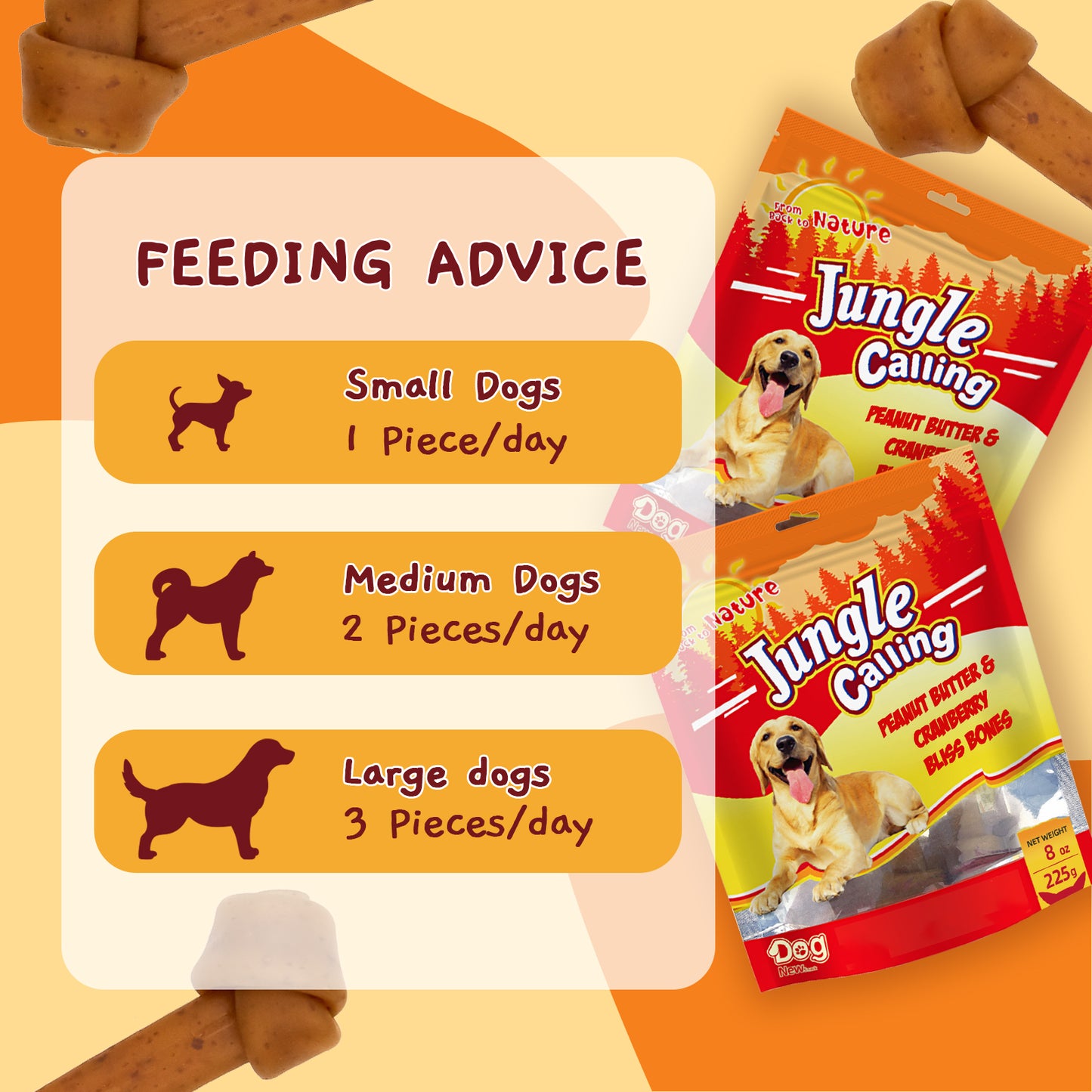 Jungle Calling Rawhide Free 6.5'' Peanut Butter Bones Dog Treats,Dog Chews for Dogs, 3 Count
