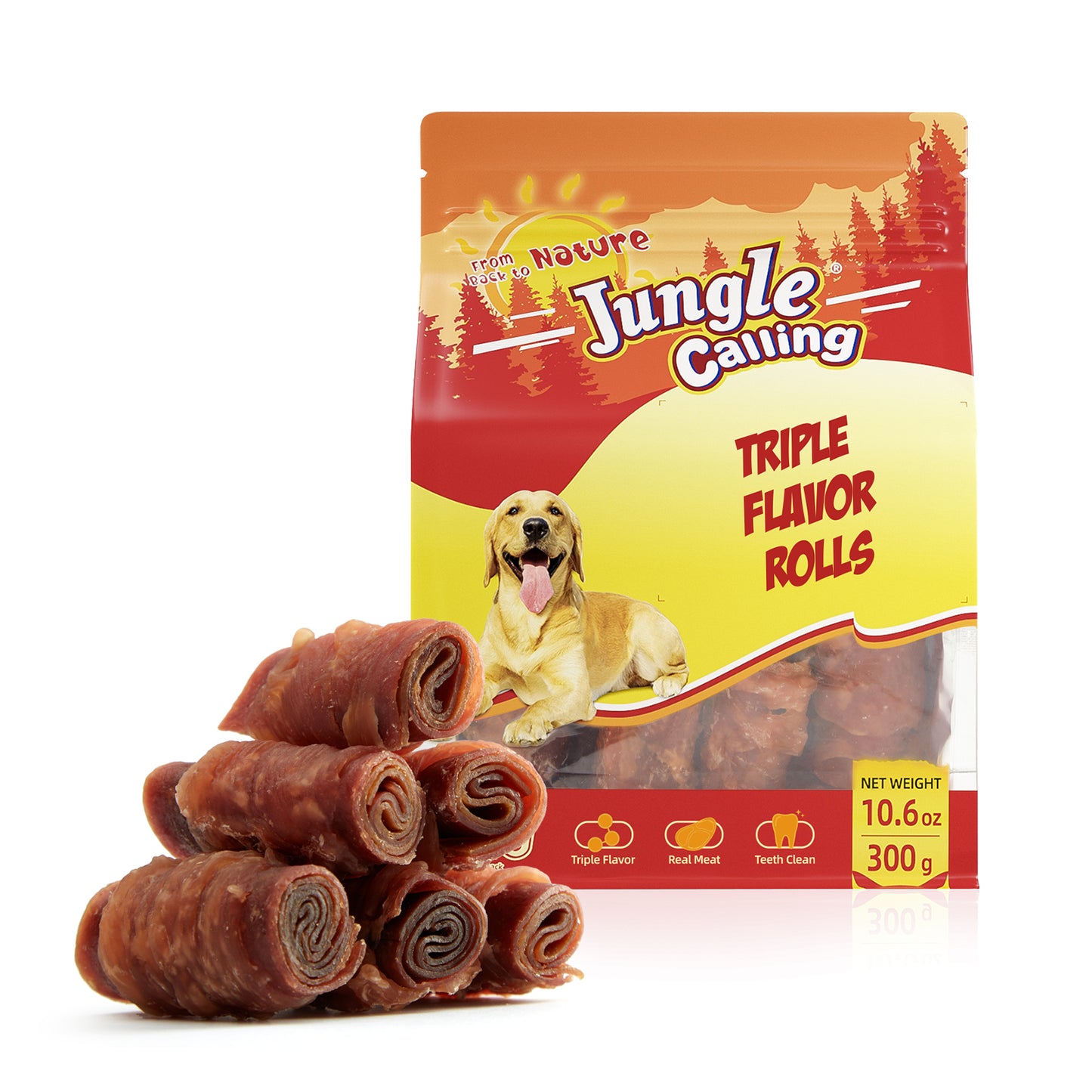 Jungle Calling Triple Flavor Rolls Dog Treats,Real Chicken Duck Beef Meat, Rawhide Free Dog Snacks