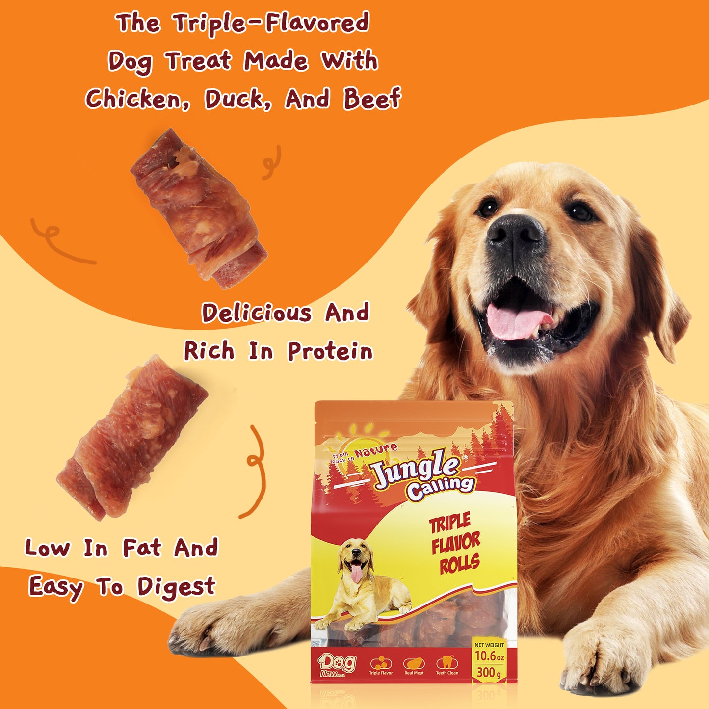 Jungle Calling Triple Flavor Rolls Dog Treats,Real Chicken Duck Beef Meat, Rawhide Free Dog Snacks