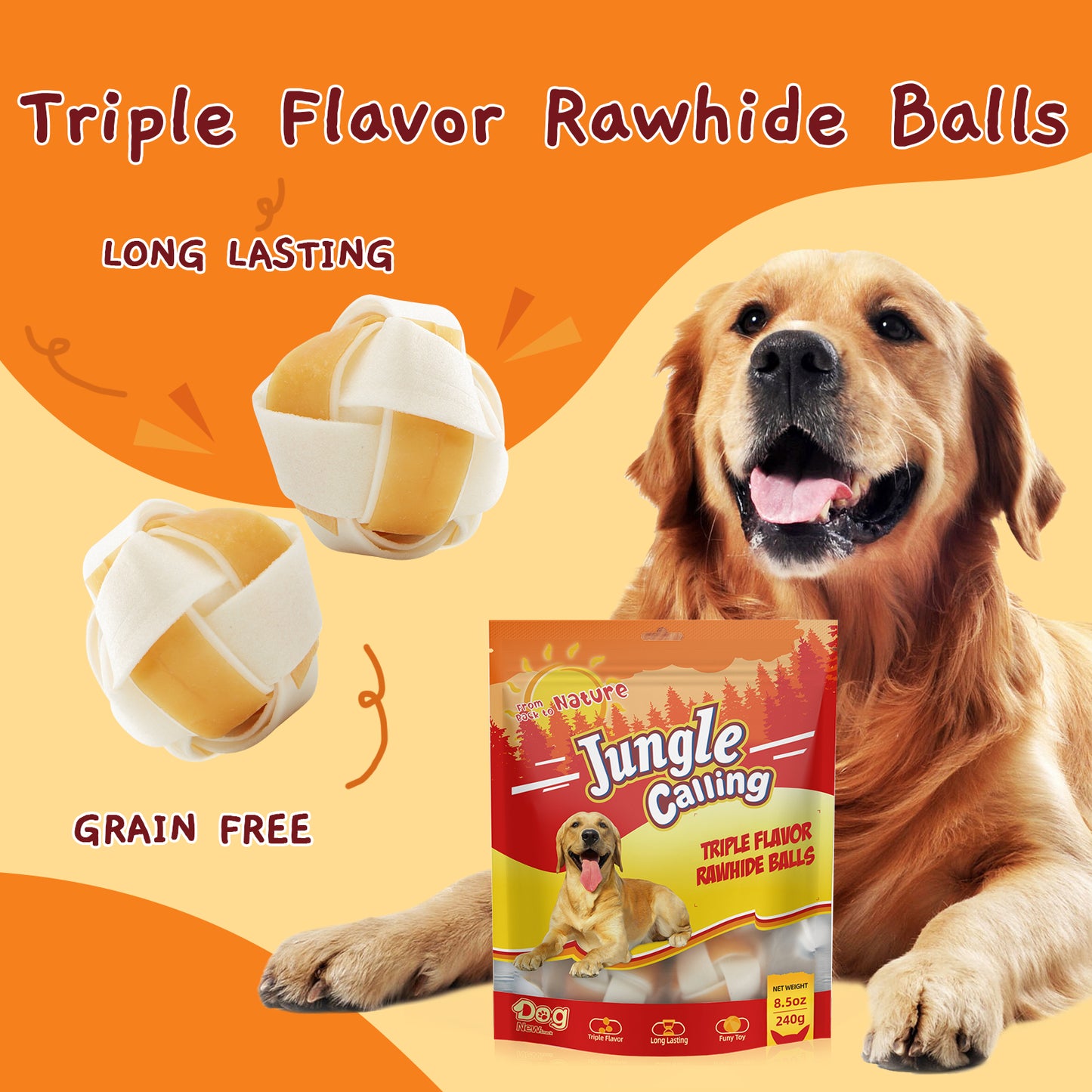 Chewing Snacks Rawhide Treats for Medium and Large Dogs, Triple Flavor Rawhide Balls, Dog Rawhide Chews Long Lasting, Chicken & Duck Flavor, 8 Count