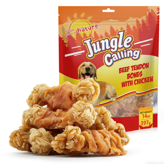 Jungle Calling Chicken Wrapped Knotted Beef Tendon Bones Dog Chew