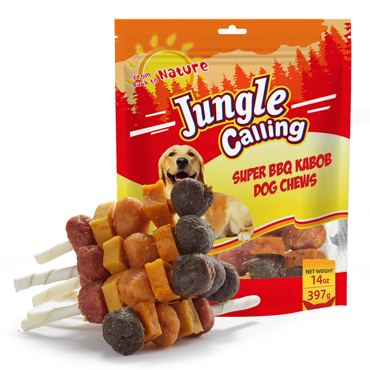 Jungle Calling Chicken, Duck, Beef, Sweet Potato & Pumpkin Rawhide Kabob Dog Treats