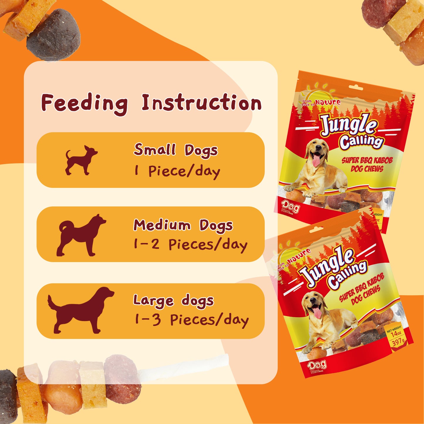 Jungle Calling Chicken, Duck, Beef, Sweet Potato & Pumpkin Rawhide Kabob Dog Treats