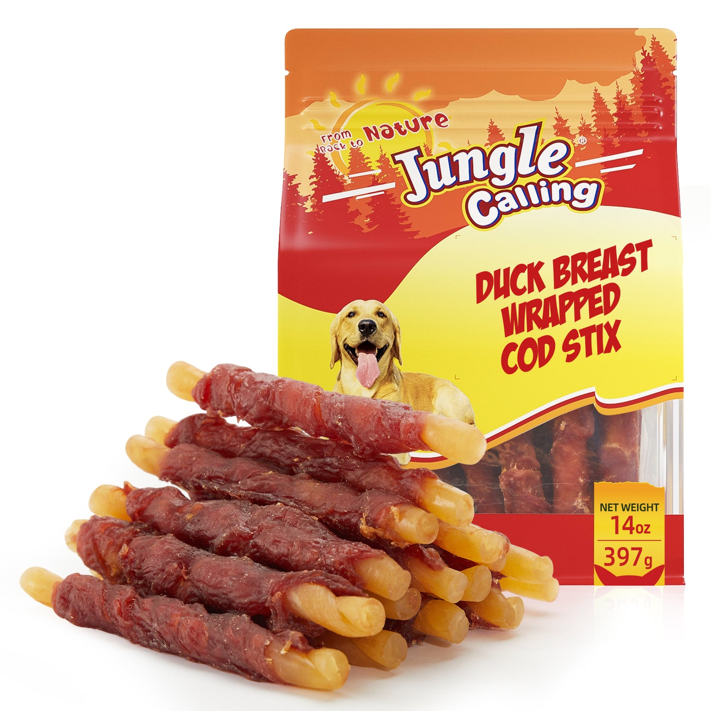 Jungle Calling Rawhide-Free Duck Wrapped Cod Sticks Dog Treats