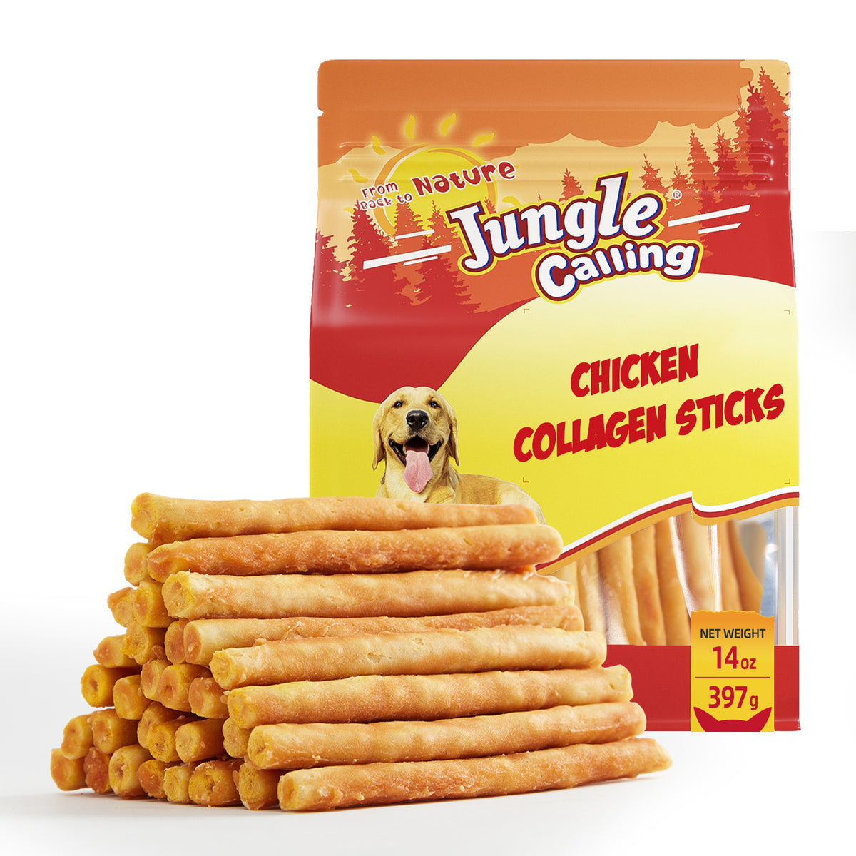 Jungle Calling Collagen Sticks for Dogs, Chicken Flavored Chews, Long Lasting Rawhide Alternative Treats for Small Medium Dog, Healthy Chew Bones, 5 Inch, 14 oz