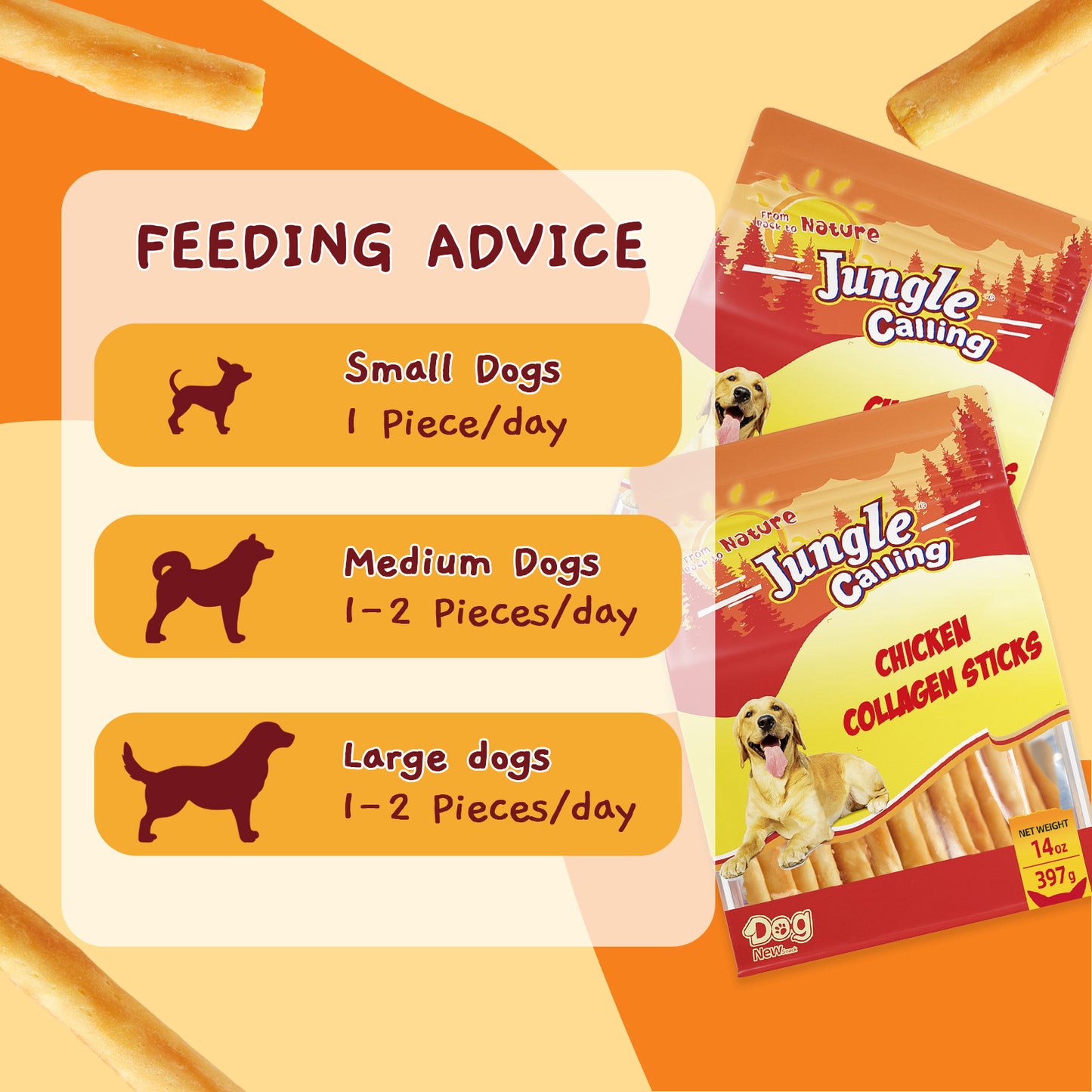 Jungle Calling Collagen Sticks for Dogs, Chicken Flavored Chews, Long Lasting Rawhide Alternative Treats for Small Medium Dog, Healthy Chew Bones, 5 Inch, 14 oz