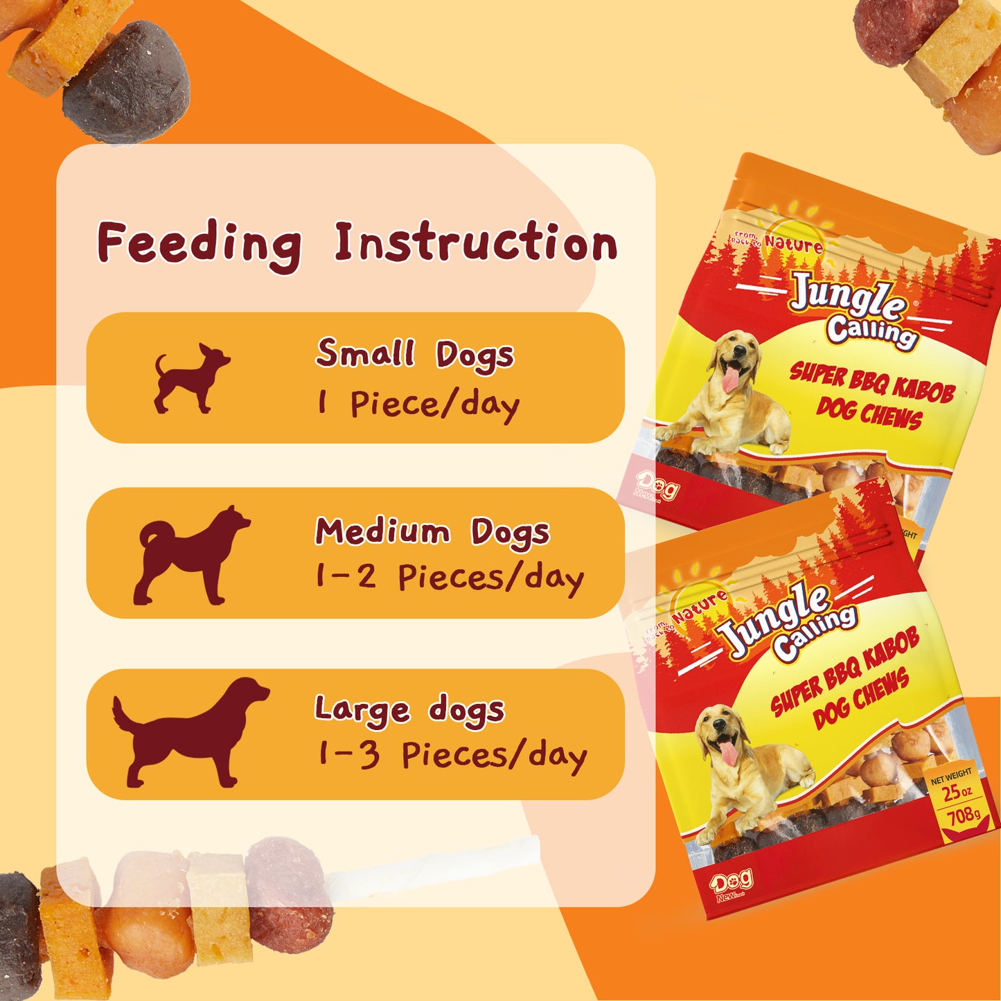 Jungle Calling Dog Treats, Snacks Kabobs, Chicken,Duck, Beef, Sweet Potato & Pumpkin,Rawhide Sticks, 25 oz