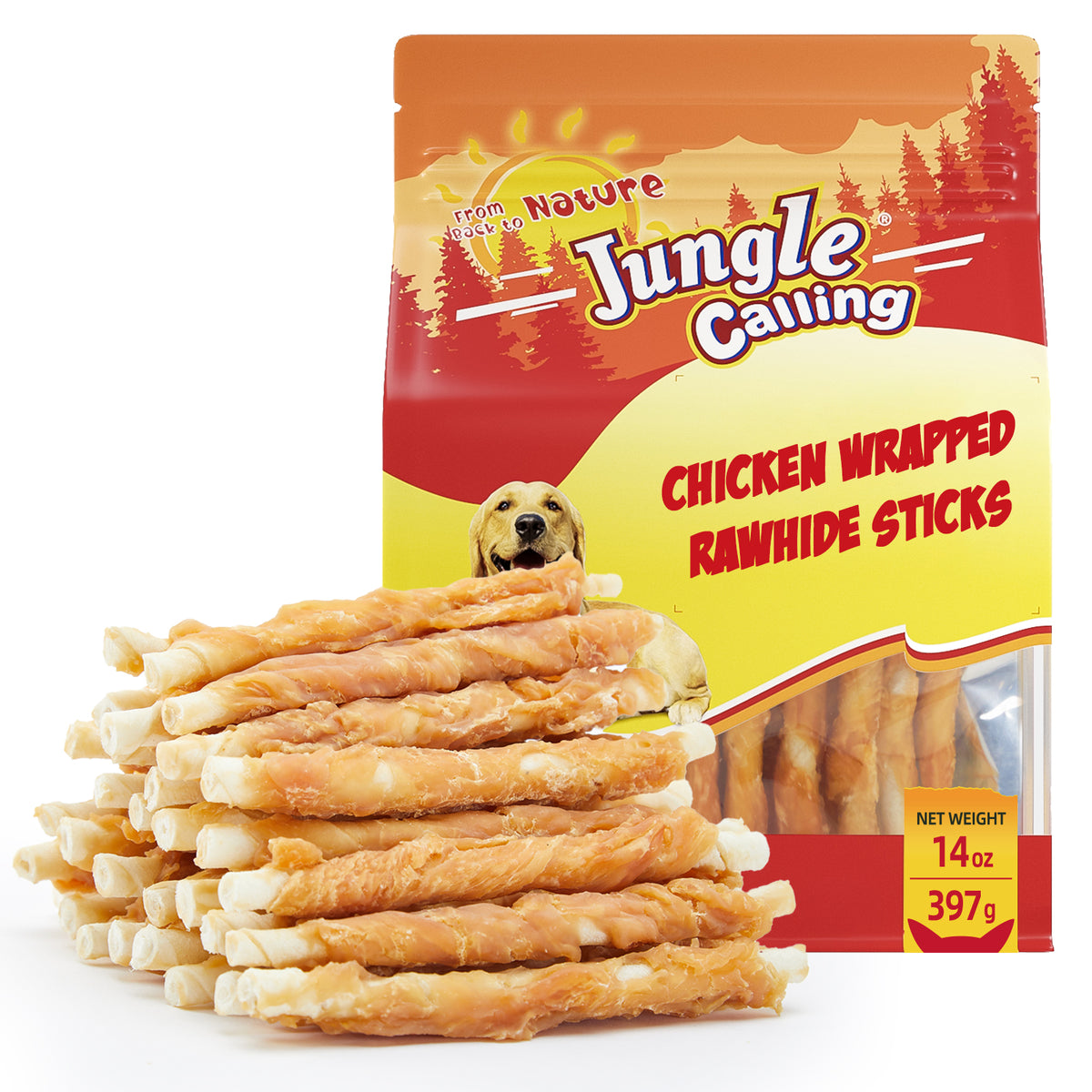 Jungle Calling Dog Treats, Chicken Wrapped Rawhide Sticks for Dogs, Puppy Training Treats Dog Chews Snacks, 14oz