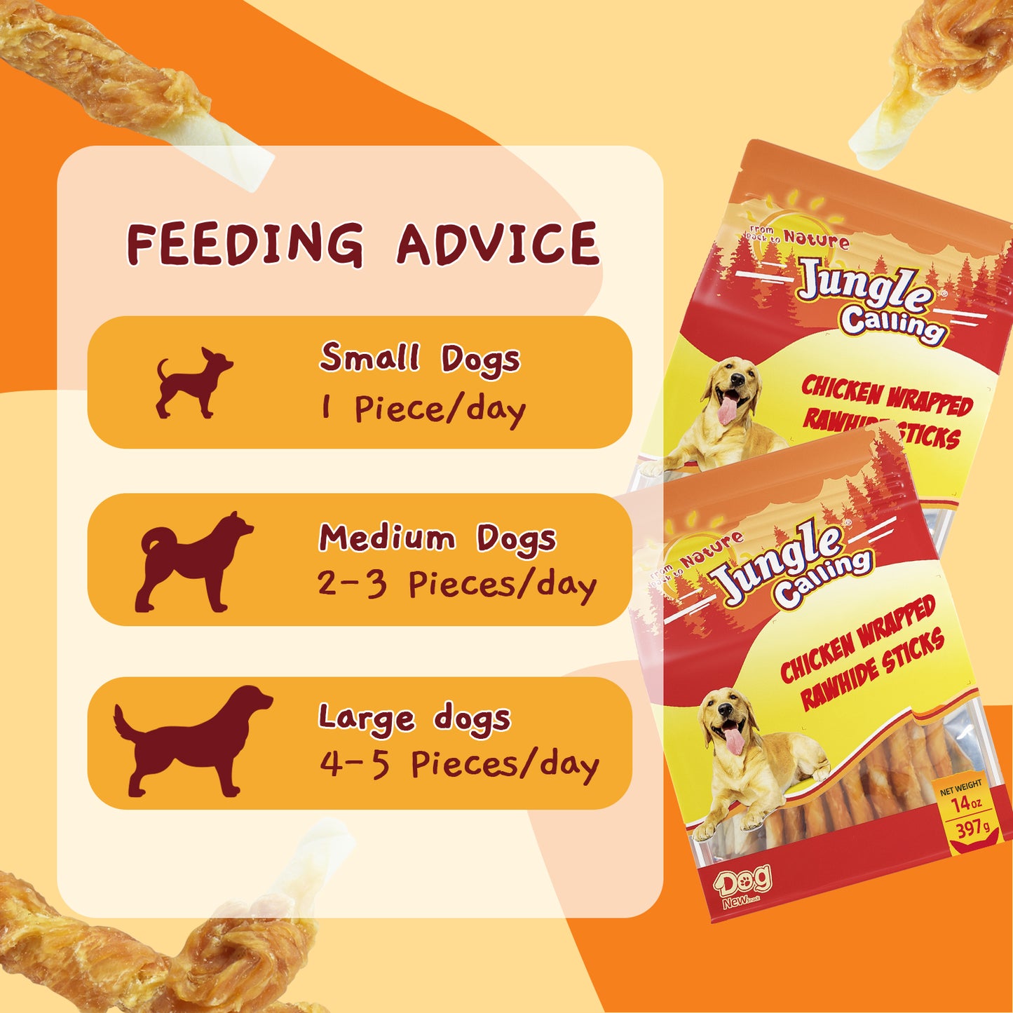 Jungle Calling Dog Treats, Chicken Wrapped Rawhide Sticks for Dogs, Puppy Training Treats Dog Chews Snacks, 14oz