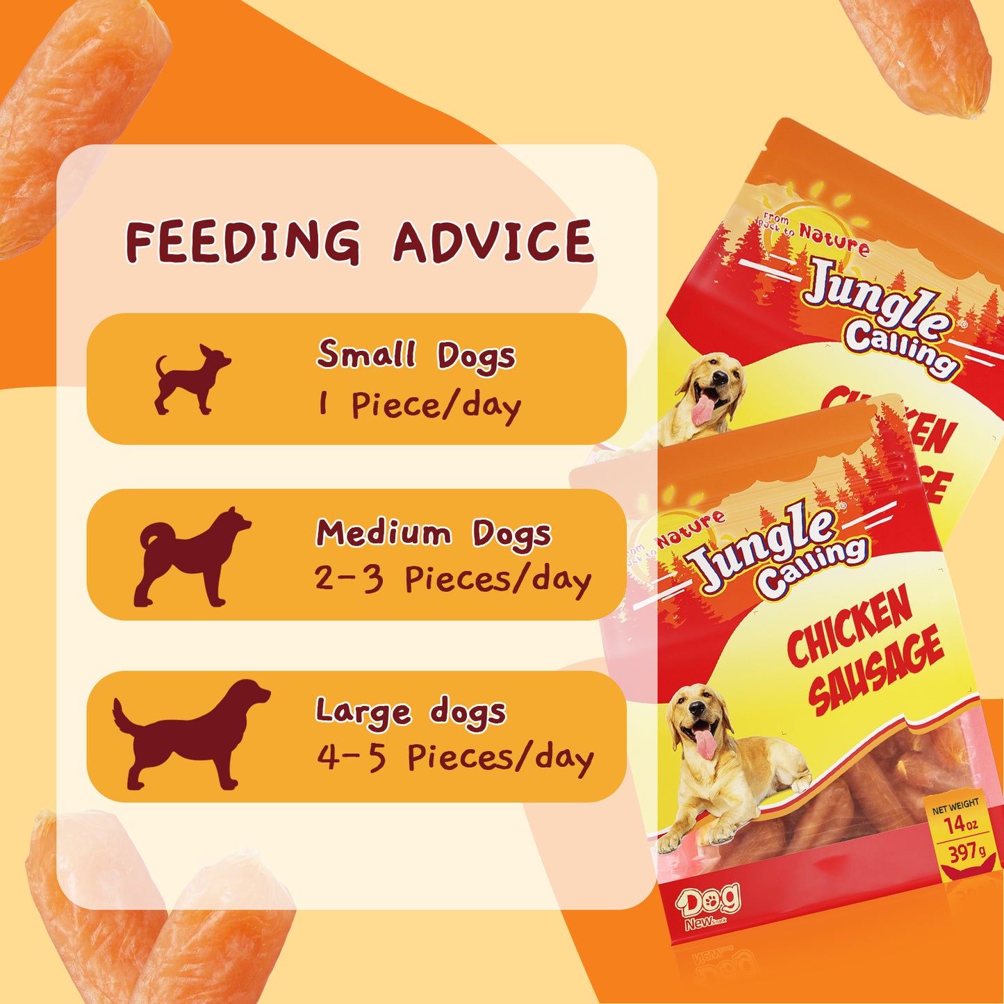Jungle Calling Chicken Sausage Dog Treats Chicken Jerky Training Treats, Slow Roasted Snacks for Medium and Large Dogs Chewy Treats, 14oz