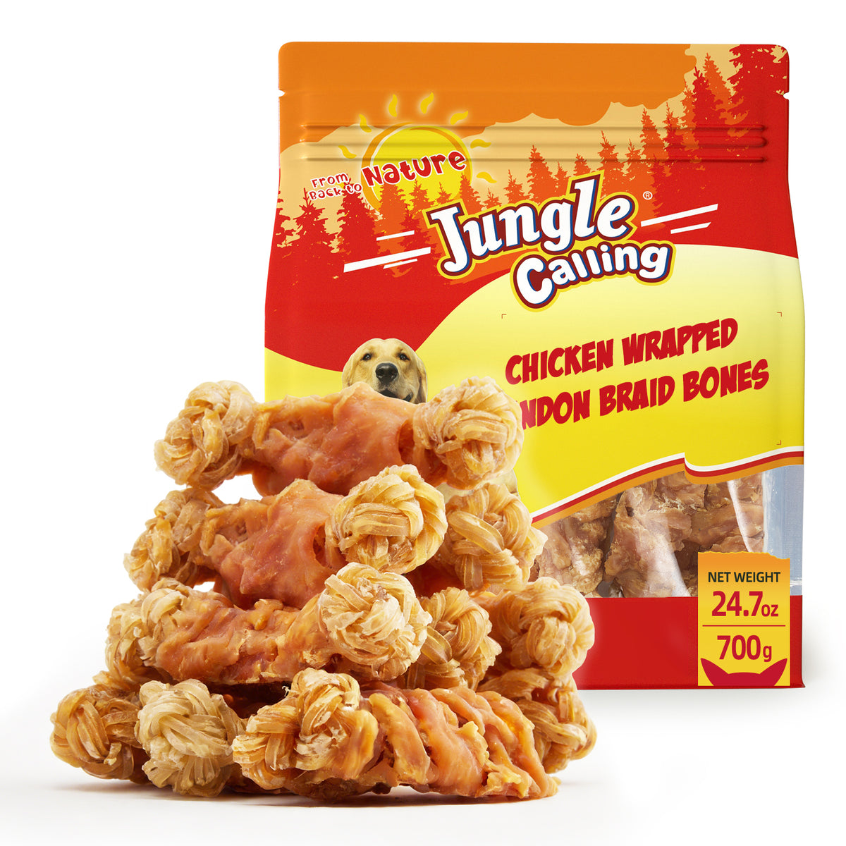 Jungle Calling Beef Tendons for Dogs, Chicken Wrapped Tendons Dog Chews Long Lasting Hip and Joint Supplement for Dogs with Glucosamine (Knotted Bone), 24.7 oz