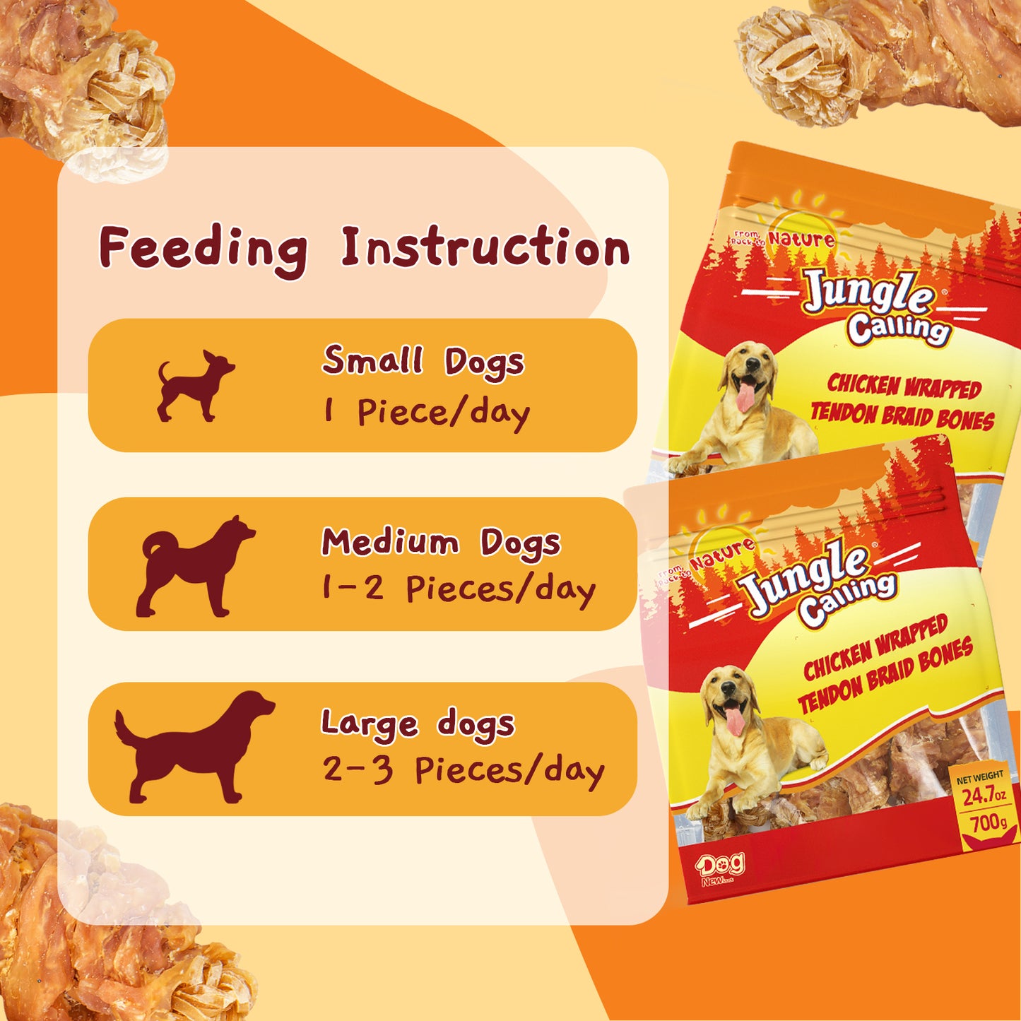 Jungle Calling Beef Tendons for Dogs, Chicken Wrapped Tendons Dog Chews Long Lasting Hip and Joint Supplement for Dogs with Glucosamine (Knotted Bone), 24.7 oz
