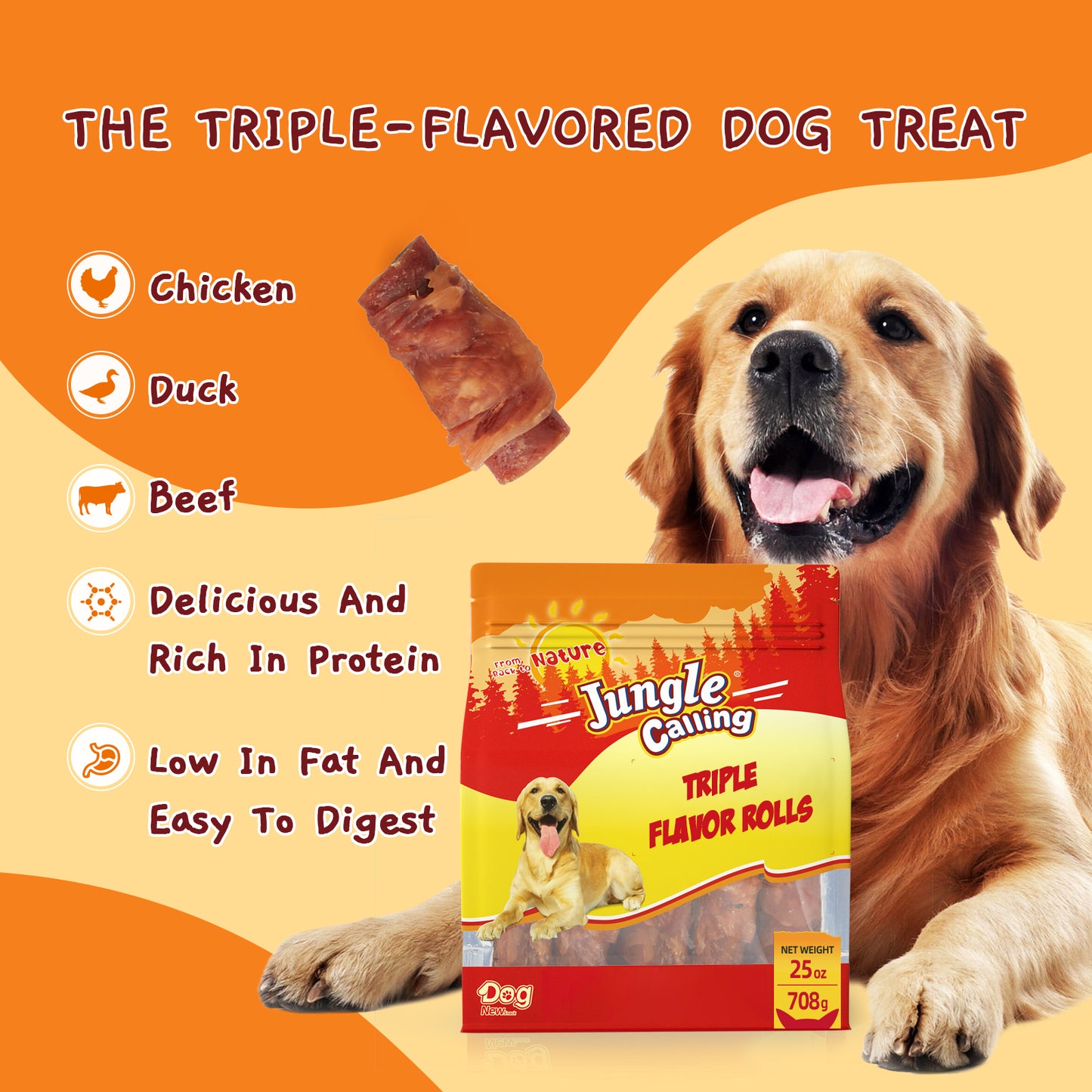Jungle Calling Triple Flavor Rolls Dog Treats,Real Chicken Duck Beef Meat, Rawhide Free Dog Snacks, 25oz