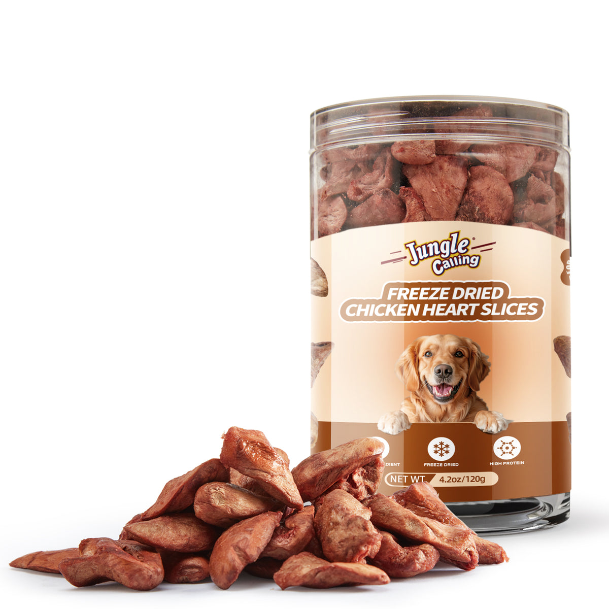 Jungle Calling Freeze Dried Chicken Hearts Halves for Cats and Dogs, 4.2 oz Jar