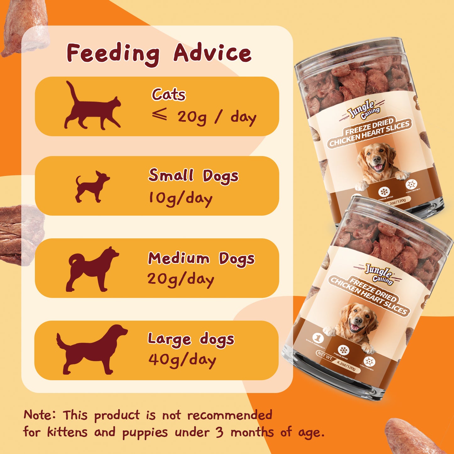 Jungle Calling Freeze Dried Chicken Hearts Halves for Cats and Dogs, 4.2 oz Jar