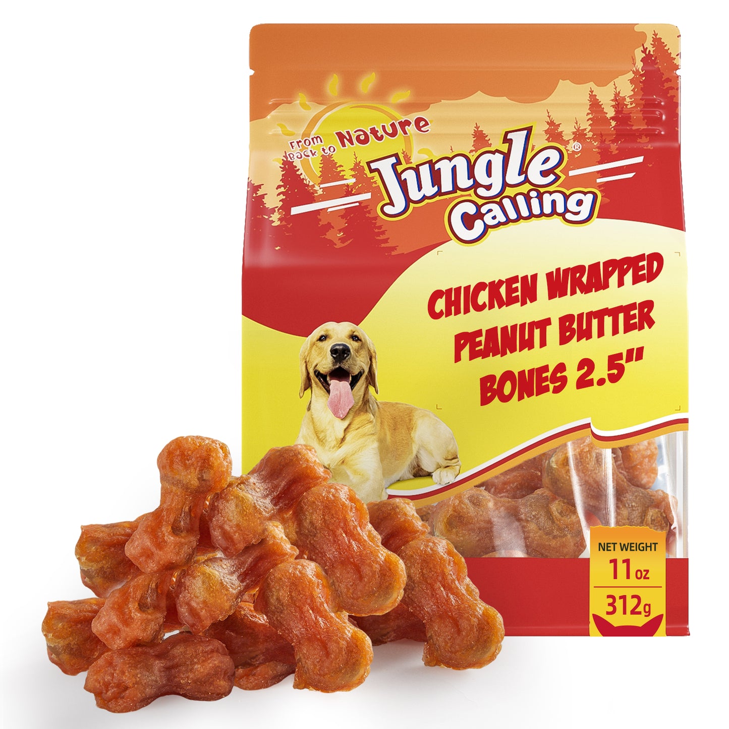 Jungle Calling Rawhide Free Dog Chew Treats, Real Chicken Wrapped Peanut Butter Bones, Teeth Clean Chewy Training Snacks, 11 oz