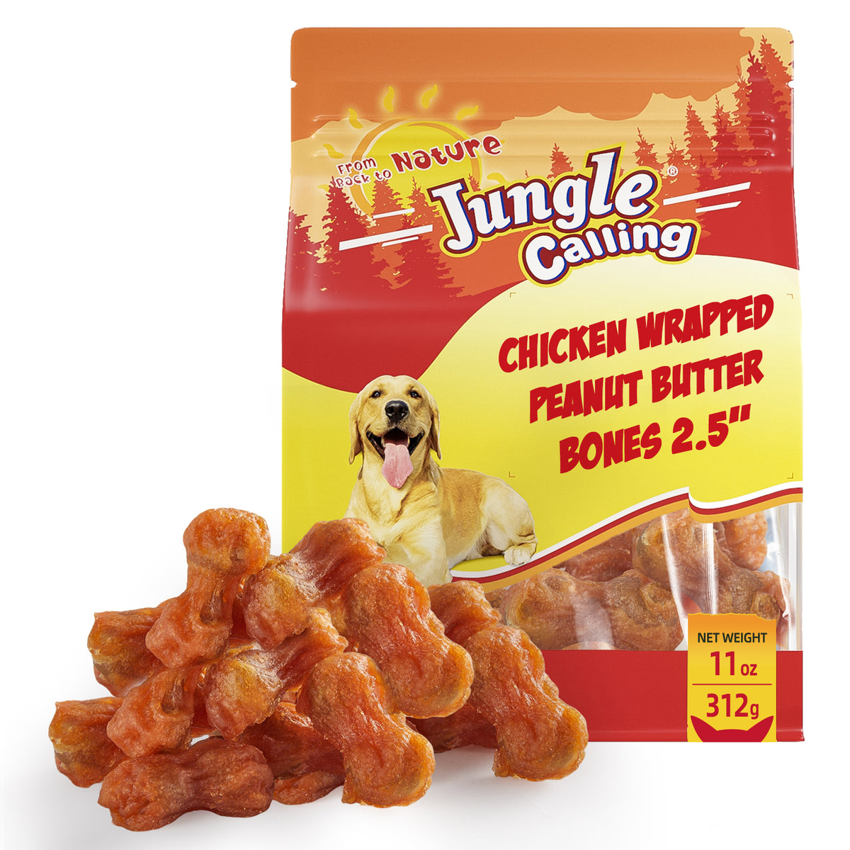 Jungle Calling Rawhide Free Dog Chew Treats, Real Chicken Wrapped Peanut Butter Bones, Teeth Clean Chewy Training Snacks, 11 oz