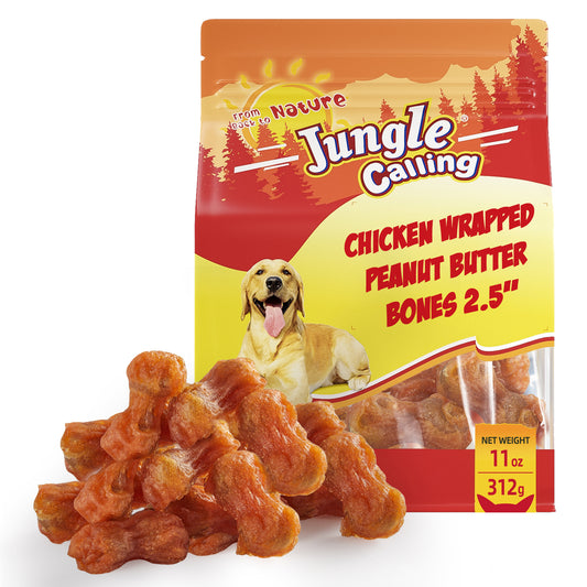 Jungle Calling Rawhide Free Dog Chew Treats, Real Chicken Wrapped Peanut Butter Bones, Teeth Clean Chewy Training Snacks, 11 oz