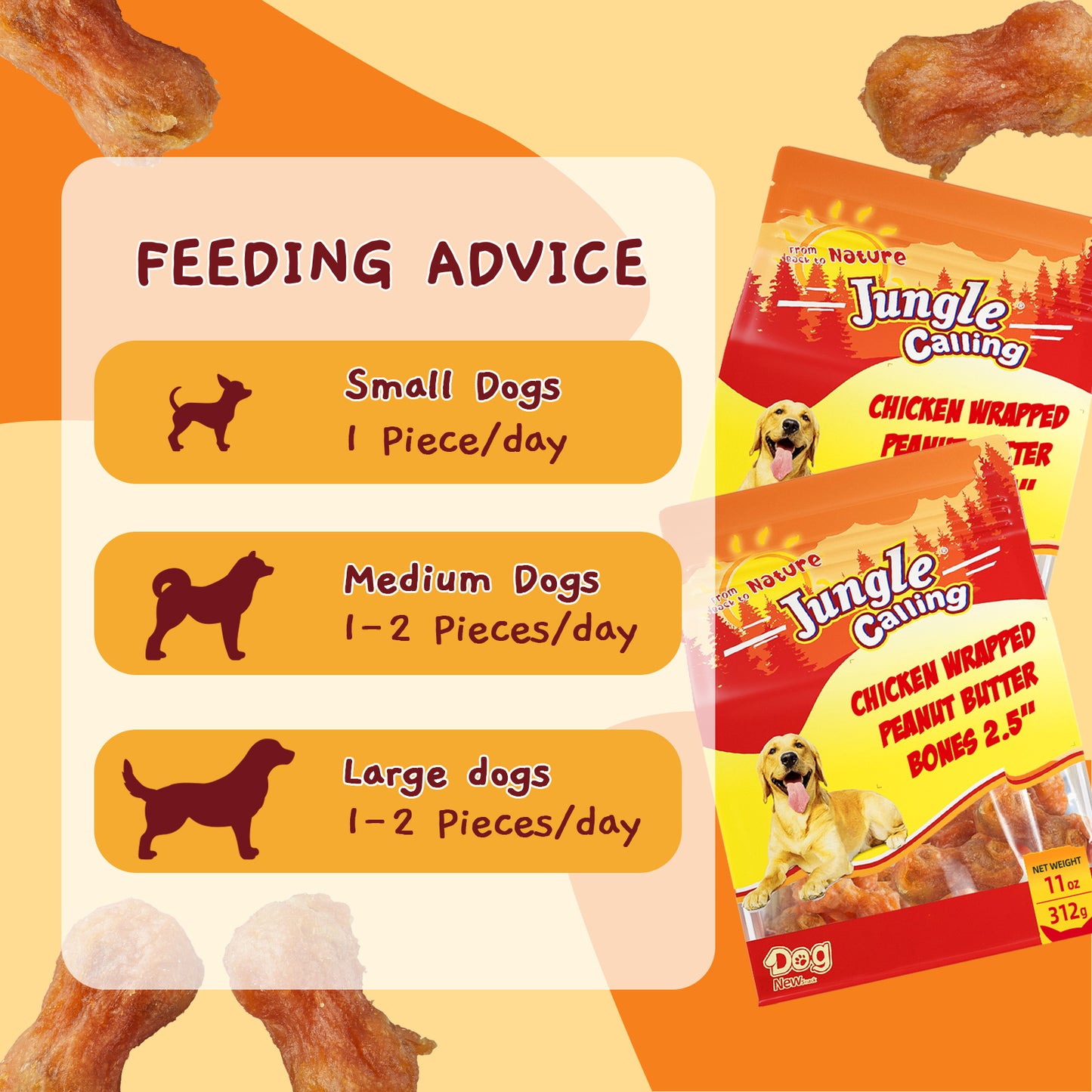 Jungle Calling Rawhide Free Dog Chew Treats, Real Chicken Wrapped Peanut Butter Bones, Teeth Clean Chewy Training Snacks, 11 oz