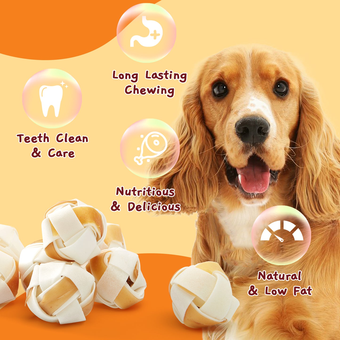 Chewing Snacks Rawhide Treats for Medium and Large Dogs, Triple Flavor Rawhide Balls, Dog Rawhide Chews Long Lasting, Chicken & Duck Flavor, 8 Count