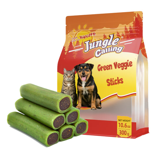 JUNGLE CALLING Green Veggie Sticks for Dogs and Cats –Edible Plant-Based vegan pet treats with Savory Center